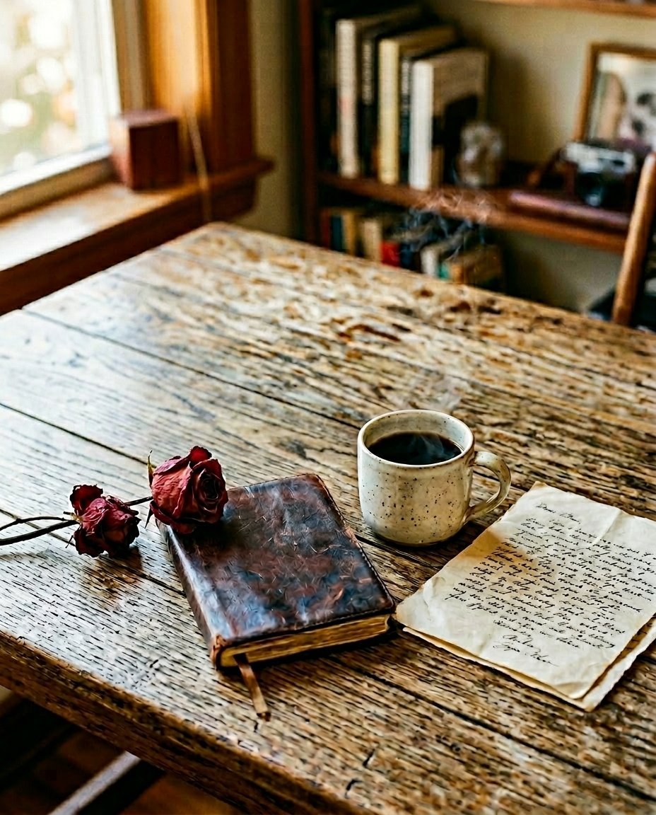 Voyance amour — bureau de Marc avec rose séchée, lettre manuscrite et café noir