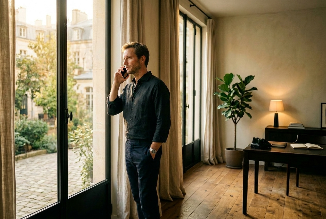 Bureau de Marc avec carnet de notes, plante verte et téléphone moderne